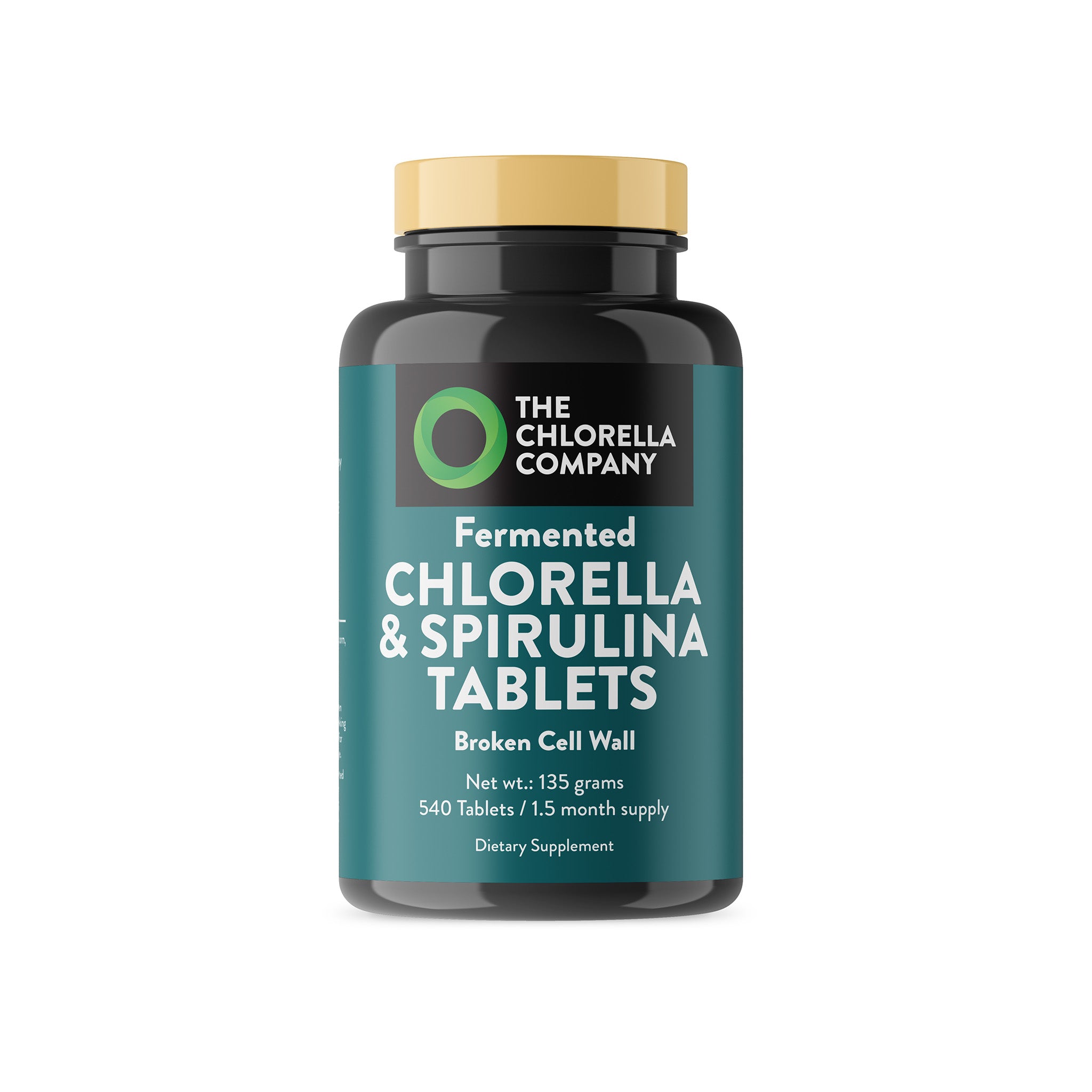 front view of Fermented Chlorella & Spirulina Tablets in a bottle from The Chlorella Company on a white background