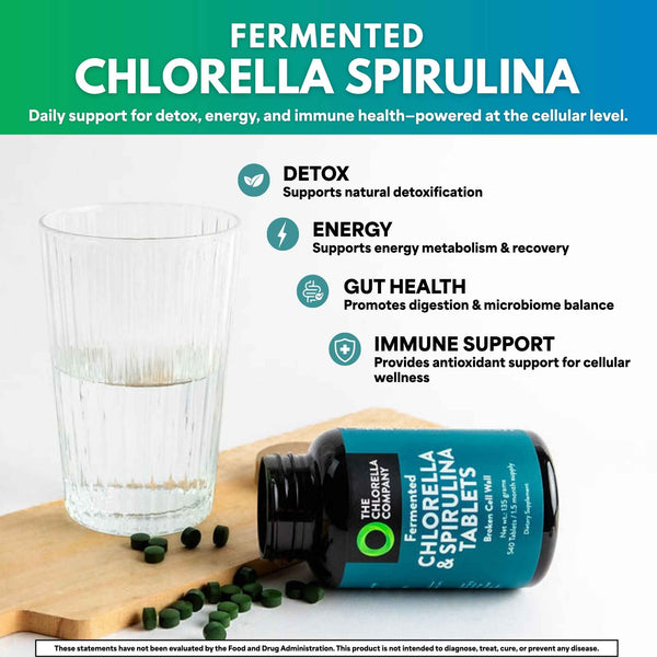 Fermented Chlorella Spirulina supplement bottle with a glass of water on a wooden surface, highlighting health benefits.