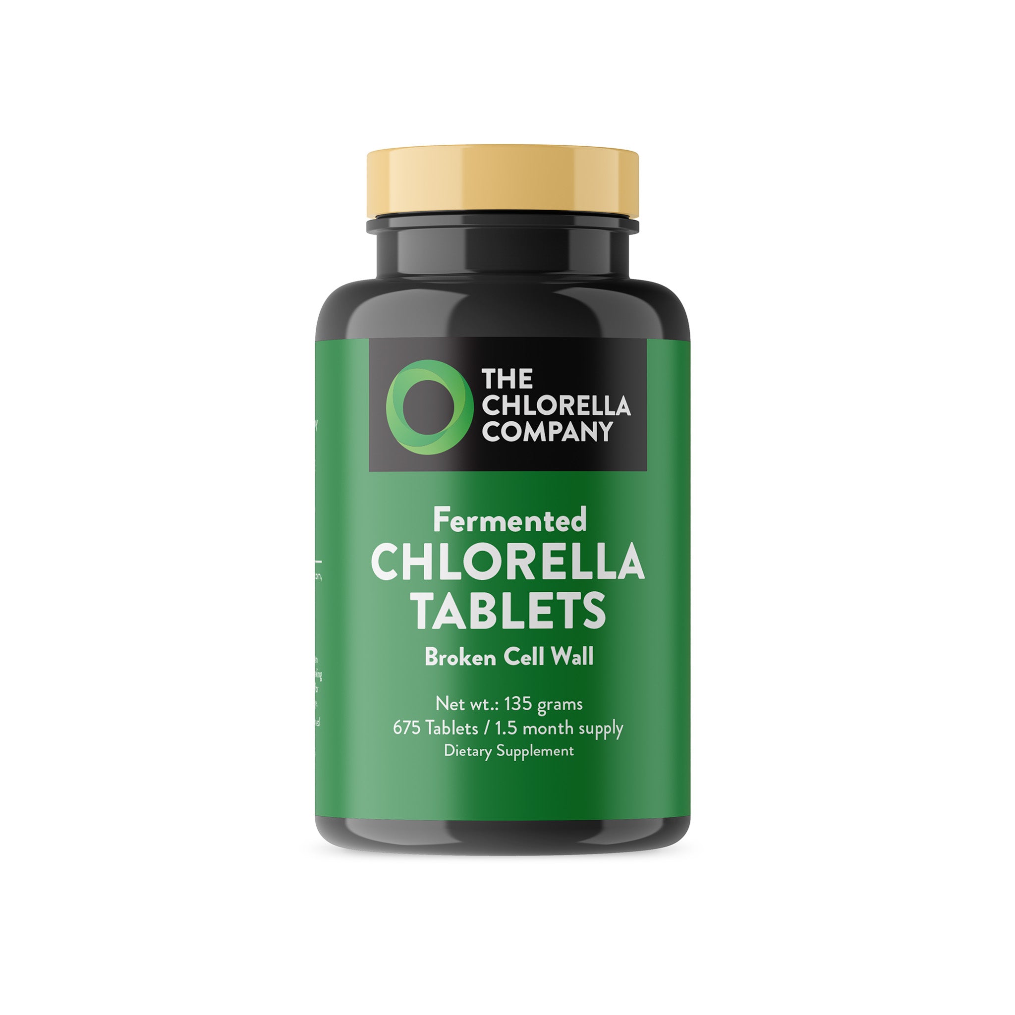 front view of fermented chlorella tablets in a bottle from The Chlorella Company on a white background