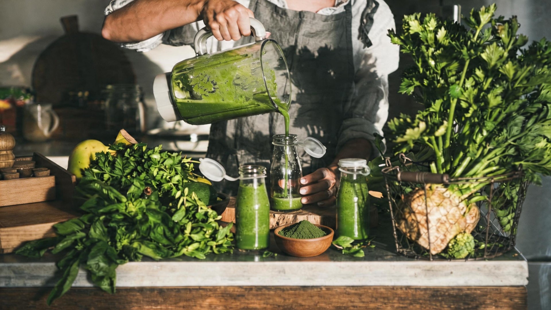 Person pouring green juice into a bottle surrounded by fresh vegetables on a kitchen counter.