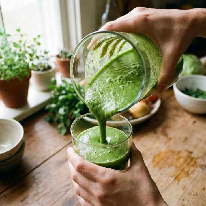 Person pouring green smoothie into a glass on a wooden table with plants in the background