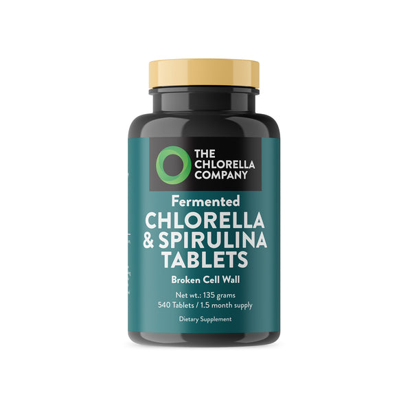 front view of Fermented Chlorella & Spirulina Tablets in a bottle from The Chlorella Company on a white background