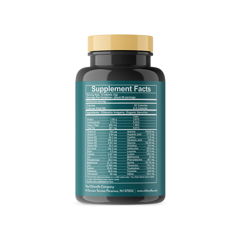 front view of Fermented Chlorella & Spirulina Tablets in a bottle from The Chlorella Company on a white background