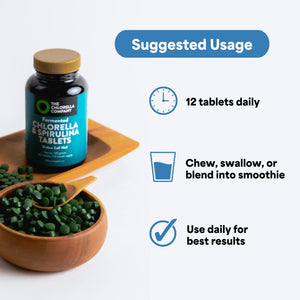 Fermented Chlorella & Spirulina tablets in a bottle and bowl with suggested usage instructions on a white background