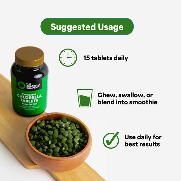 Fermented Chlorella tablets in a bottle and bowl with suggested usage instructions on a white background