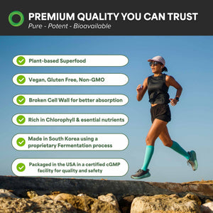 Woman running outdoors with product features listed on a blue sky background