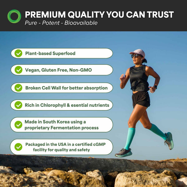 Woman running outdoors with product features listed on a blue sky background